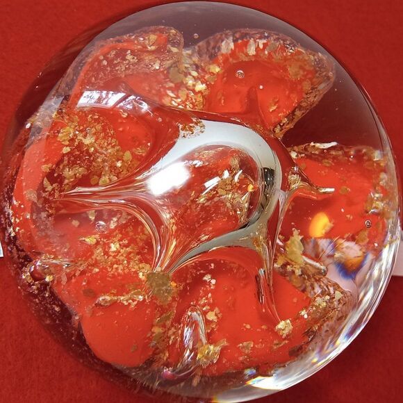 Vintage Huge Center Domed Bubble Lava Red & Gold Flecks Paperweight Cottagecore - Picture 5 of 8